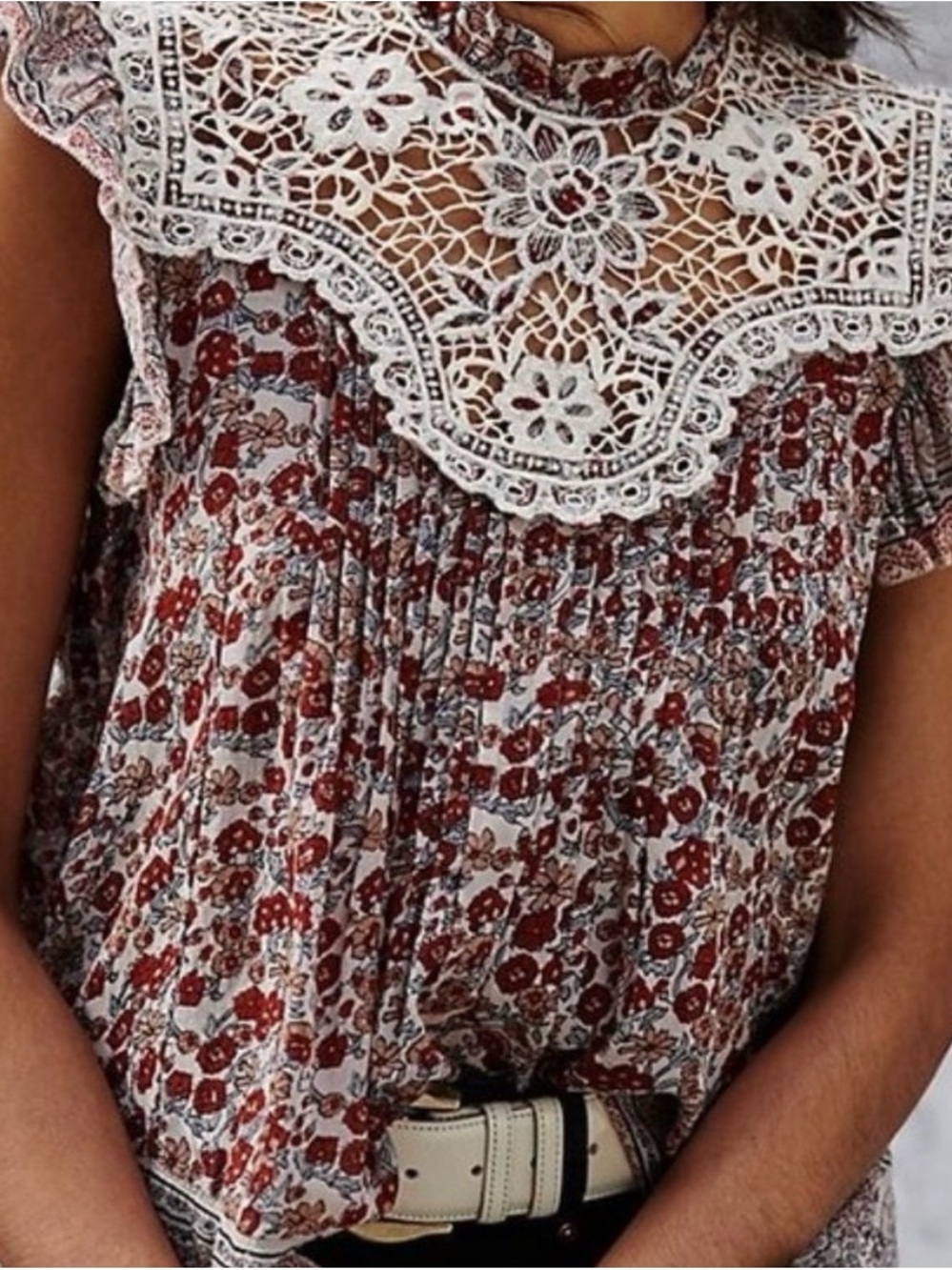 Anthropologie Cream Top with White Lace Yoke and Red Floral Print